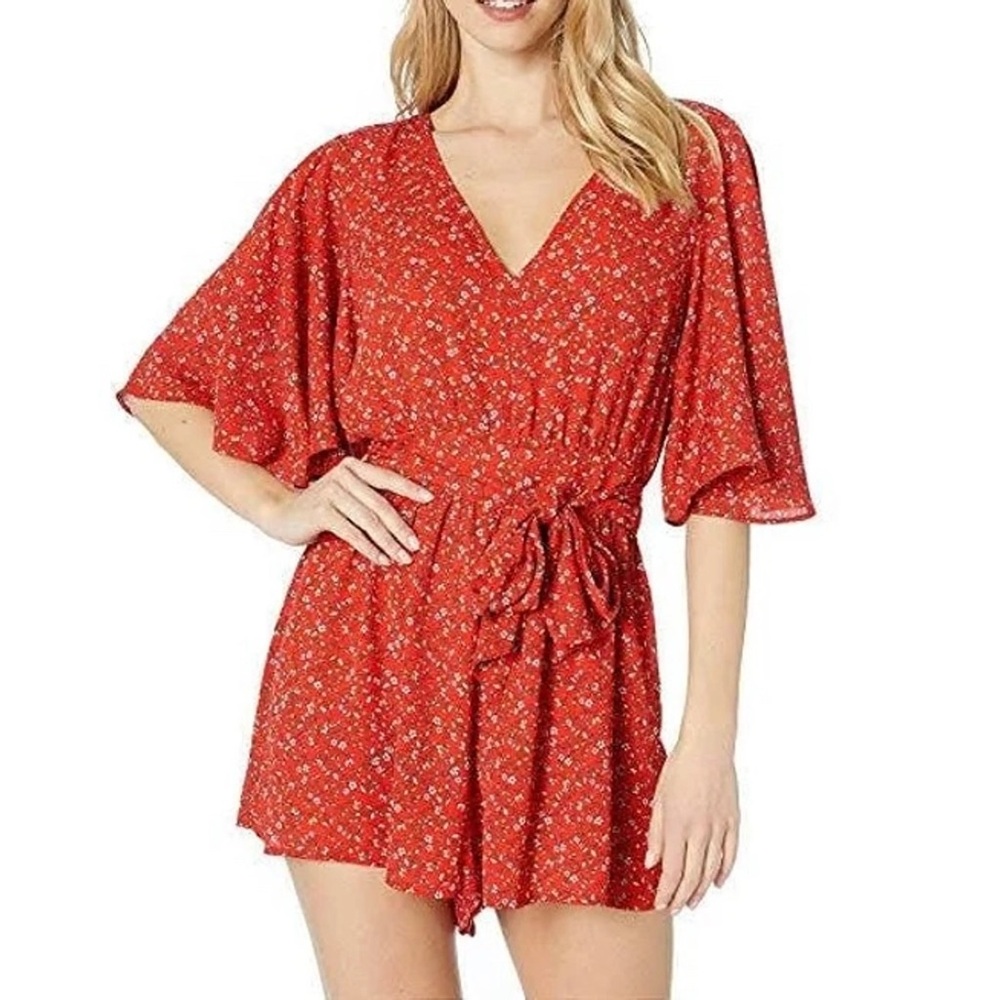Red Floral V-Neck Romper Jack by BB Dakota